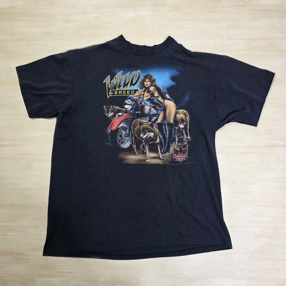3D Emblem American Biker Wild Breed T Shirt Large Black Motorcycle Wolf Graphic